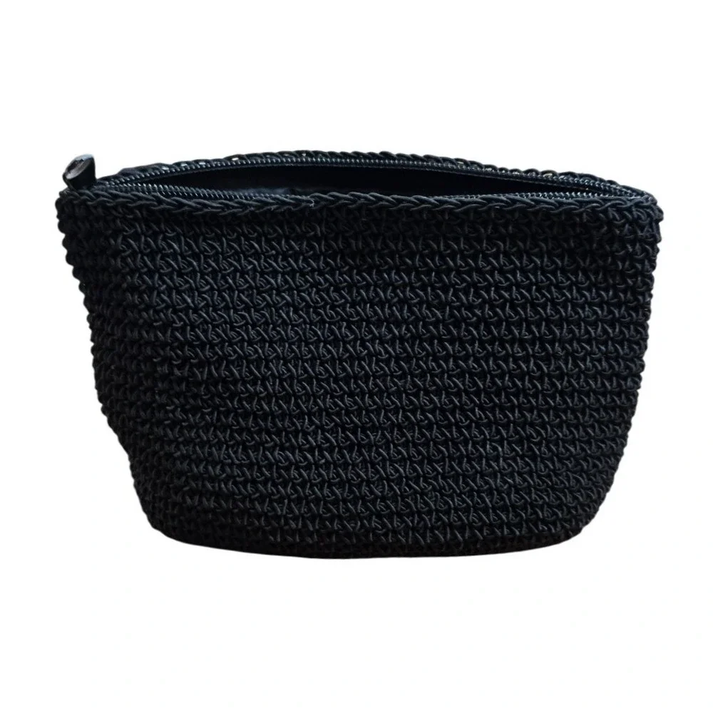 Vintage black shining macrame hand woven zipper pouch black with daisy 7x5x2